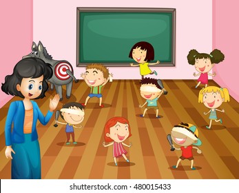 Students playing blind folded in classroom illustration