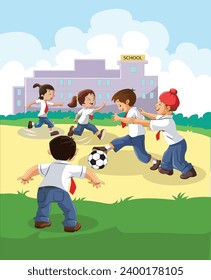 Students playing football in the school  playground vector illustration