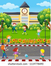 Students Playing in front of School illustration