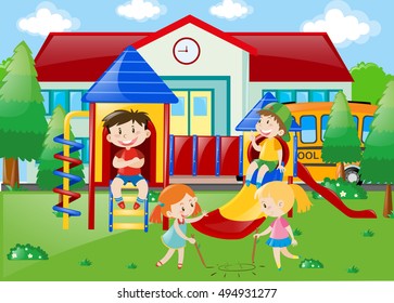 Students playing at playground in school park illustration