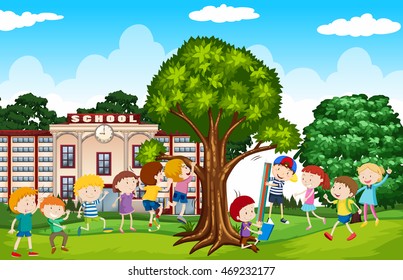 Students playing in the school yard illustration
