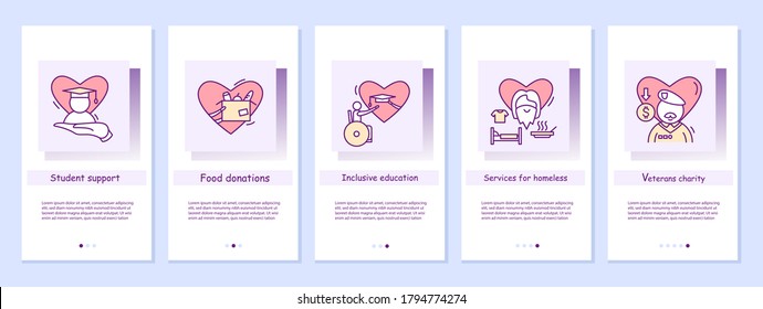 Students, poor, homeless and veterans support charity onboarding mobile app screens. Education ad anti poverty social activism slide steps menu. Set of UI, UX, web template with RGB color linear icons