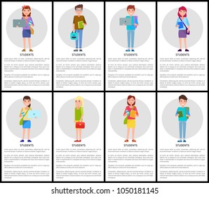 Students posters collection, students with laptops and bags, milkshake and backpack, text sample and headline vector illustration isolated on white