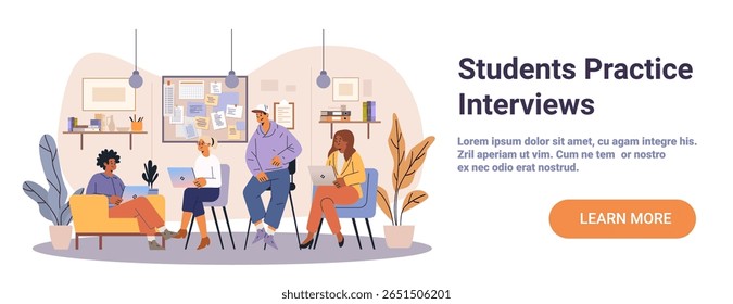 Estudantes praticam entrevistas trabalho em equipe discussão grupo de sala de aula diversos jovens laptops casuais reunião moderna plantas de espaço de trabalho quadro de boletins
