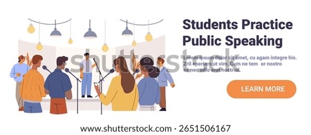 Students practice public speaking classroom activity group discussion stage microphones audience modern school interior flat design website banner