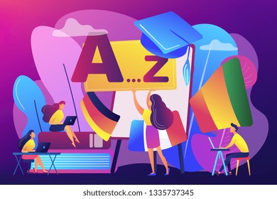 Students practicing dynamic foreign language learning at workshop. Foreign language workshop, language learning group, native speaker course concept. Bright vibrant violet vector isolated illustration