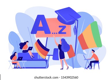 Students practicing dynamic foreign language learning at workshop. Foreign language workshop, language learning group, native speaker course concept. Pinkish coral bluevector isolated illustration