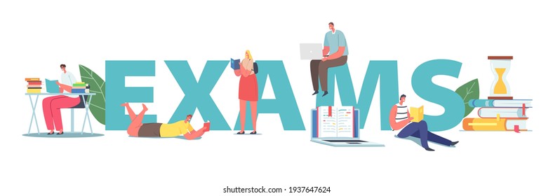 Students Prepare for Examination Concept. Characters Reading Books. Young Women and Men Scholars or Bookworms Spend Time in Library, Studying Poster Banner or Flyer. Cartoon People Vector Illustration