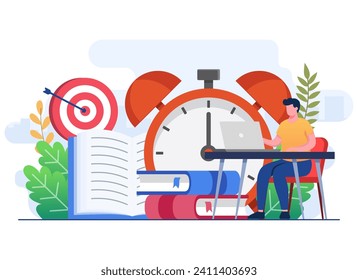 Students prepare for exams flat illustration vector concept, student learning before exam day, doing hard assignments, and preparing for module work, Exam deadline with hourglass