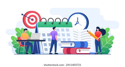 Students prepare for exams flat illustration vector concept, student learning before exam day, doing hard assignments, and preparing for module work, Exam deadline with hourglass