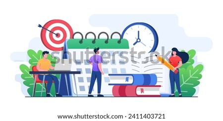 Students prepare for exams flat illustration vector concept, student learning before exam day, doing hard assignments, and preparing for module work, Exam deadline with hourglass