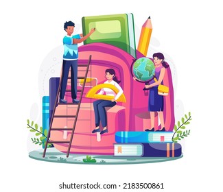 Students prepare school supplies and put books, pencils, and stationery into a giant backpack. Back to school concept design. Vector illustration in flat style