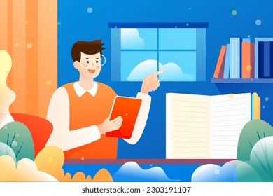 Students preparing for college entrance exam, background with interior and plants, vector illustration