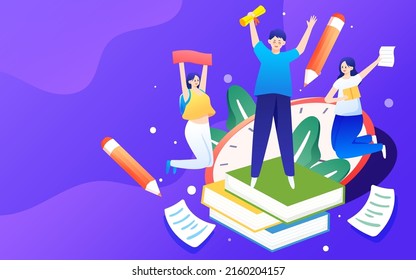 Students are preparing for exams with a clock and books in the background, vector illustration