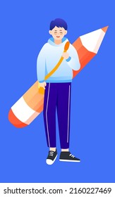 Students are preparing for exams with a clock and pencils in the background, vector illustration