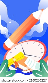Students are preparing for exams with a clock and pencils in the background, vector illustration