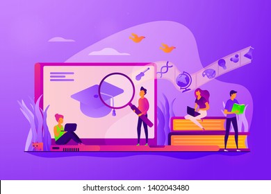 Students preparing for graduation exams. Scientific research, online studying. Learning style, memory and knowledge, education and training concept. Vector isolated concept creative illustration