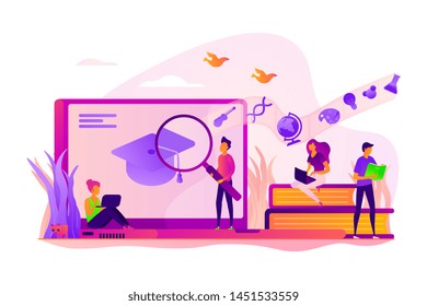 Estudiantes preparándose para los exámenes de graduación. Investigación científica, estudio en línea. Estilo de aprendizaje, memoria y conocimiento, concepto de educación y capacitación. Ilustración creativa de concepto aislado por vectores
