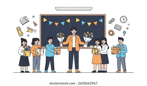 Estudantes presenteiam professores durante celebração escolar com prêmios e decorações em sala de aula