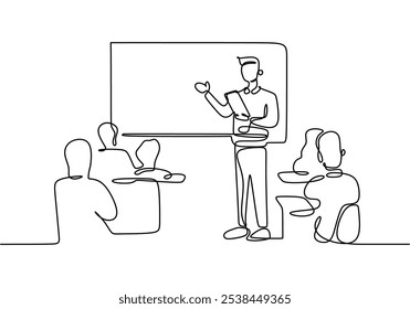 Os alunos que se apresentam em frente à classe ilustrado em um desenho contínuo de uma linha. Conceito de educação que enfatiza a comunicação e o compartilhamento de conhecimento.