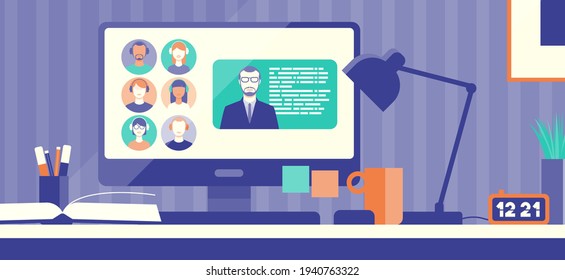 Students and professor connecting online together on a conference call, e-learning concept
