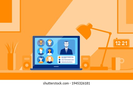 Students and professor connecting online together on a conference call, e-learning concept