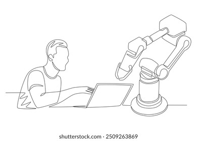 Students program a robot arm. Student science projectscept one-line drawing
