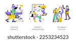 Students project isolated cartoon vector illustrations set. Creative project presentation, celebrating successful project defense, educational process, sharing idea, teamwork vector cartoon.