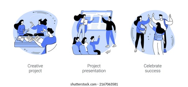 Students project isolated cartoon vector illustrations set. Creative project presentation, celebrating successful project defense, educational process, sharing idea, teamwork vector cartoon.