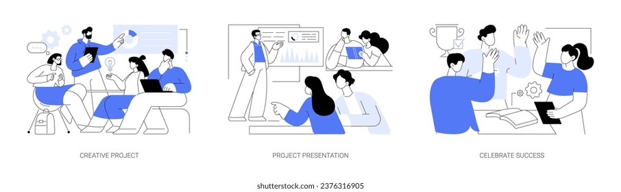 Students project isolated cartoon vector illustrations set. Creative project presentation, celebrating successful project defense, educational process, sharing idea, teamwork vector cartoon.