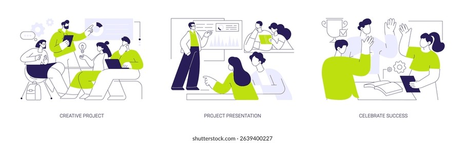 Students project isolated cartoon vector illustrations set. Creative project presentation, celebrating successful project defense, educational process, sharing idea, teamwork vector cartoon.