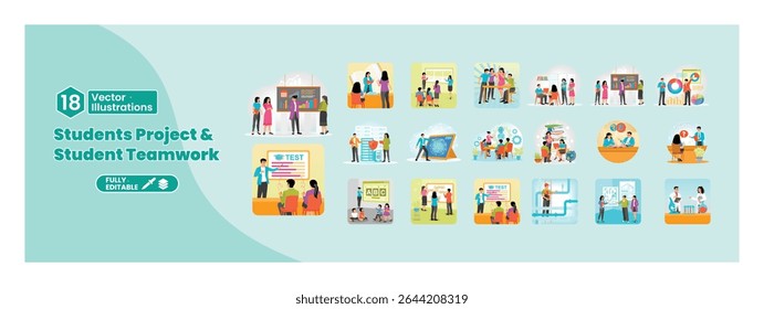 Projeto de alunos e conceito de trabalho em equipe de alunos. Os alunos se envolvem em trabalho em equipe, comunicação, brainstorming e atividades de discussão. Mega set.
