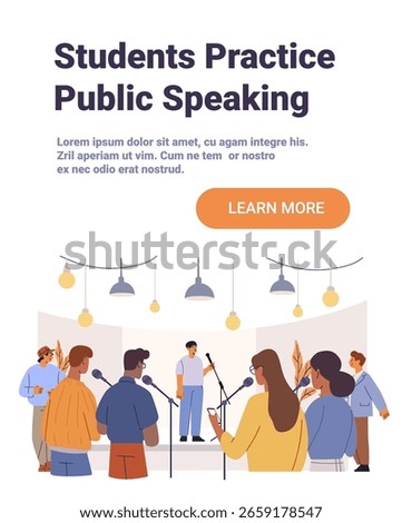 Students public speaking stage presentation group audience microphones modern classroom interior lights learning activity website banner