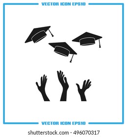 Students of pupil hands graduation caps in the air. Flying academic hats in the sky isolated flat design vector illustration  EPS 10.