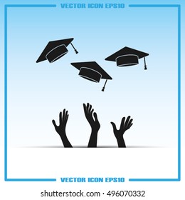 Students of pupil hands graduation caps in the air. Flying academic hats in the sky isolated flat design vector illustration  EPS 10.