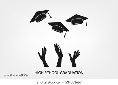 Students of pupil hands graduation caps in the air. Flying academic hats in the sky isolated flat design vector illustration  EPS 10