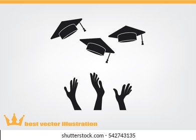 Students of pupil hands graduation caps in the air. Flying academic hats in the sky isolated flat design vector illustration  EPS 10.