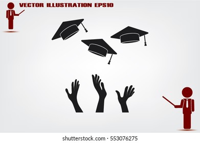 Students of pupil hands graduation caps in the air. Flying academic hats in the sky isolated flat design vector illustration  EPS 10.