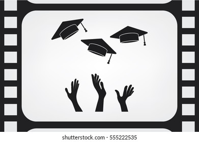 Students of pupil hands graduation caps in the air. Flying academic hats in the sky isolated flat design vector illustration.