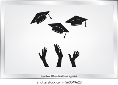 Students of pupil hands graduation caps in the air. Flying academic hats in the sky isolated flat design vector illustration 