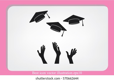 Students of pupil hands graduation caps in the air. Flying academic hats in the sky isolated flat design vector illustration  EPS 10.