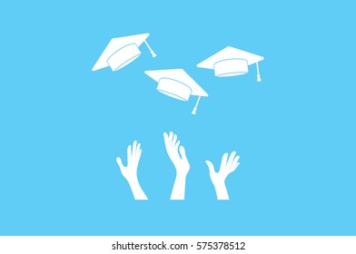 Students of pupil hands graduation caps in the air. Flying academic hats in the sky isolated flat design vector illustration.