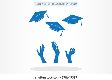 Students of pupil hands graduation caps in the air. Flying academic hats in the sky isolated flat design vector illustration.