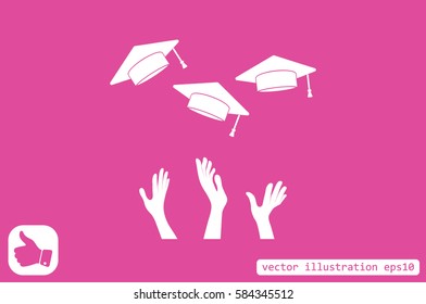 Students of pupil hands graduation caps in the air. Flying academic hats in the sky isolated flat design vector illustration  EPS 10.