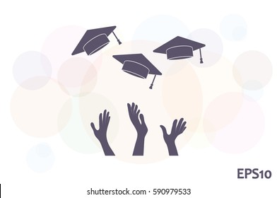 Students Of Pupil Hands Graduation Caps In The Air. Flying Academic Hats In The Sky Isolated Flat Design Vector Illustration.