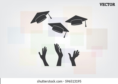 Students of pupil hands graduation caps in the air. Flying academic hats in the sky isolated flat design vector illustration  EPS 10.