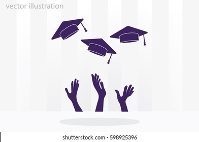 Students of pupil hands graduation caps in the air. Flying academic hats in the sky isolated flat design vector illustration  EPS 10.