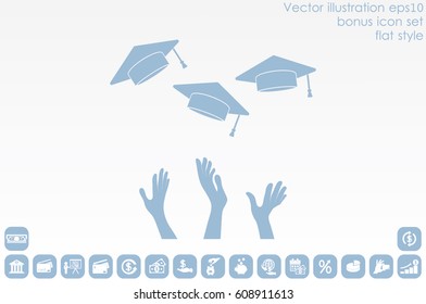 Students of pupil hands graduation caps in the air. Flying academic hats in the sky isolated flat design vector illustration  EPS 10.