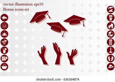 Students of pupil hands graduation caps in the air. Flying academic hats in the sky isolated flat design vector illustration  EPS 10.
