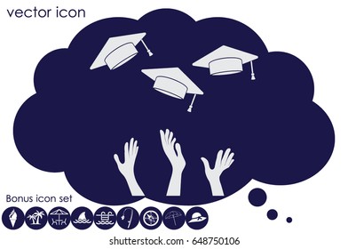 Students of pupil hands graduation caps in the air. Flying academic hats in the sky isolated flat design vector illustration  EPS 10.
